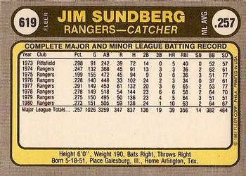 1981 Fleer #619 Jim Sundberg Back