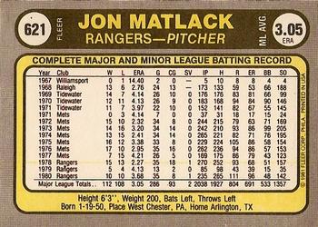 1981 Fleer #621 Jon Matlack Back