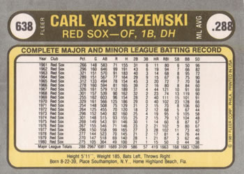 1981 Fleer #638 Carl Yastrzemski Back