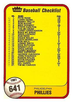 1981 Fleer #641 Checklist: Phillies / Royals Front