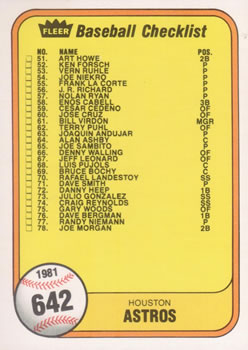1981 Fleer #642 Checklist: Astros / Yankees Front