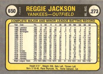 1981 Fleer #650 Reggie Jackson Back