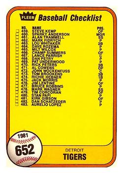 1981 Fleer #652 Checklist: Tigers / Padres Front