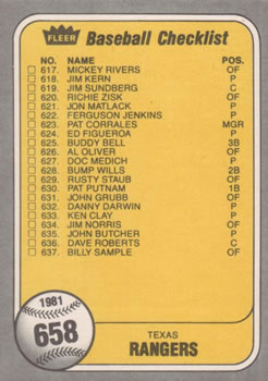 1981 Fleer #658 Checklist: Mariners / Rangers Back