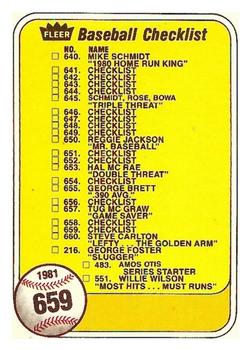 1981 Fleer #659 Checklist: Special Cards / Teams Front
