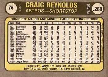 1981 Fleer #74 Craig Reynolds Back