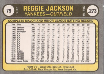 1981 Fleer #79 Reggie Jackson Back