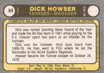 1981 Fleer #84 Dick Howser Back