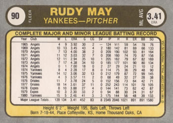 1981 Fleer #90 Rudy May Back