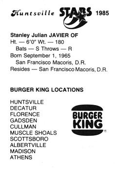 1985 Burger King Huntsville Stars #NNO Stan Javier Back