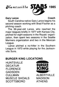 1985 Burger King Huntsville Stars #NNO Gary Lance Back