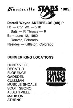 1985 Burger King Huntsville Stars #NNO Darrel Akerfelds Back