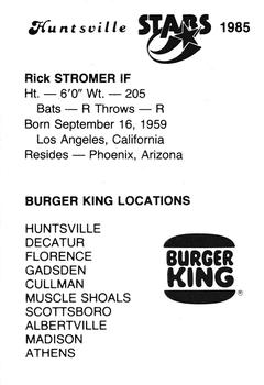 1985 Burger King Huntsville Stars #NNO Rick Stromer Back