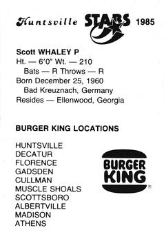 1985 Burger King Huntsville Stars #NNO Scott Whaley Back