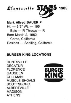 1985 Burger King Huntsville Stars #NNO Mark Bauer Back