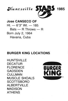 1985 Burger King Huntsville Stars #NNO Jose Canseco Back
