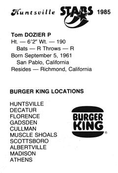 1985 Burger King Huntsville Stars #NNO Tom Dozier Back