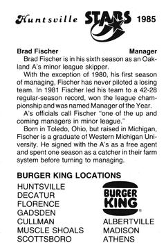 1985 Burger King Huntsville Stars #NNO Brad Fischer Back