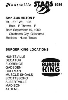 1986 Burger King Huntsville Stars #NNO Stan Hilton Back