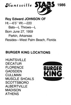 1986 Burger King Huntsville Stars #NNO Roy Johnson Back