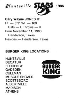 1986 Burger King Huntsville Stars #NNO Gary Jones Back