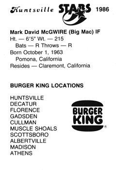 1986 Burger King Huntsville Stars #NNO Mark McGwire Back