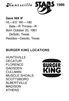 1986 Burger King Huntsville Stars #NNO Dave Nix Back