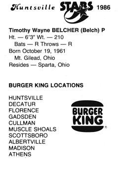 1986 Burger King Huntsville Stars #NNO Tim Belcher Back