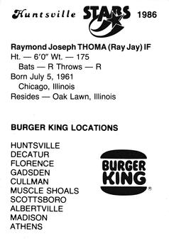 1986 Burger King Huntsville Stars #NNO Ray Thoma Back