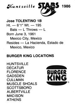 1986 Burger King Huntsville Stars #NNO Jose Tolentino Back