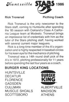 1986 Burger King Huntsville Stars #NNO Rick Tronerud Back