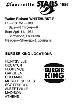 1986 Burger King Huntsville Stars #NNO Wally Whitehurst Back