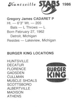 1986 Burger King Huntsville Stars #NNO Greg Cadaret Back