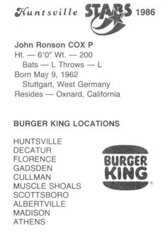 1986 Burger King Huntsville Stars #NNO John Cox Back