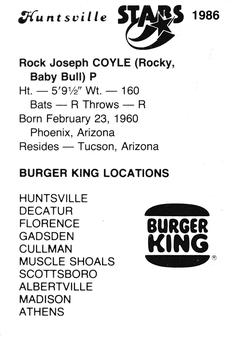 1986 Burger King Huntsville Stars #NNO Rocky Coyle Back