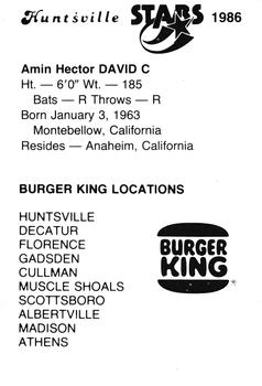 1986 Burger King Huntsville Stars #NNO Amin David Back