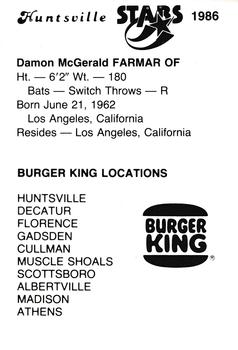 1986 Burger King Huntsville Stars #NNO Damon Farmar Back