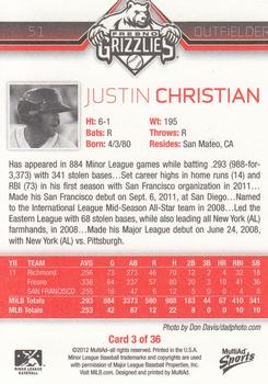 2012 MultiAd Fresno Grizzlies #3 Justin Christian Back