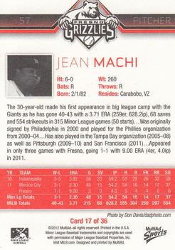 2012 MultiAd Fresno Grizzlies #17 Jean Machi Back