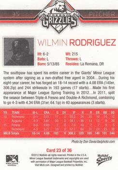 2012 MultiAd Fresno Grizzlies #23 Wilmin Rodriguez Back