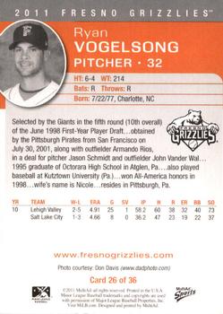 2011 MultiAd Fresno Grizzlies #26 Ryan Vogelsong Back