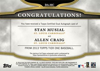 2013 Topps Tier One - Dual Autographs #DA-MC Stan Musial / Allen Craig Back
