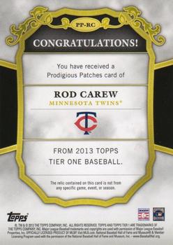 2013 Topps Tier One - Legends Prodigious Patches #PP-RC Rod Carew Back