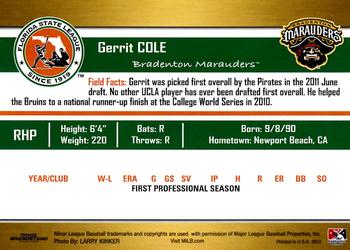 2012 Grandstand Florida State League Top Prospects #NNO Gerrit Cole Back