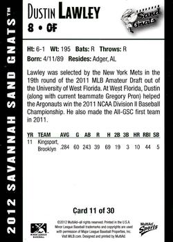 2012 MultiAd Savannah Sand Gnats #11 Dustin Lawley Back