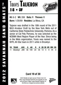 2012 MultiAd Savannah Sand Gnats #19 Travis Taijeron Back