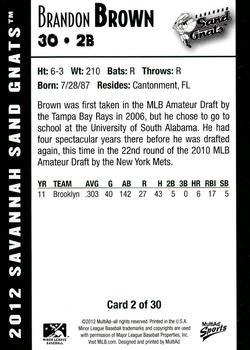 2012 MultiAd Savannah Sand Gnats #2 Brandon Brown Back