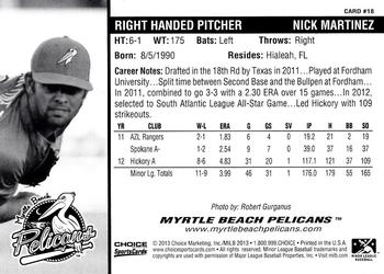 2013 Choice Myrtle Beach Pelicans #18 Nick Martinez Back
