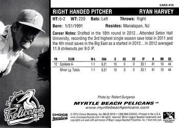2013 Choice Myrtle Beach Pelicans #19 Ryan Harvey Back