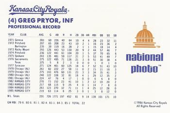 1986 National Photo Kansas City Royals #NNO Greg Pryor Back